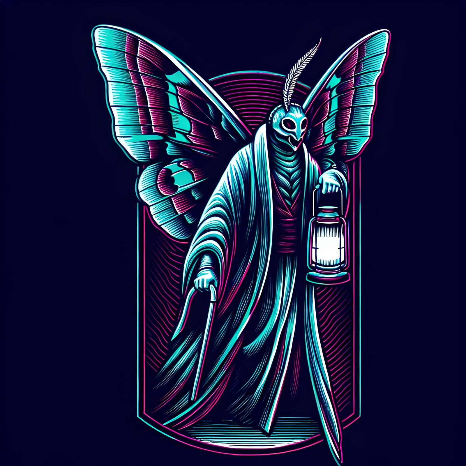 Isometric Mothman Cryptid in Cyan and Magenta