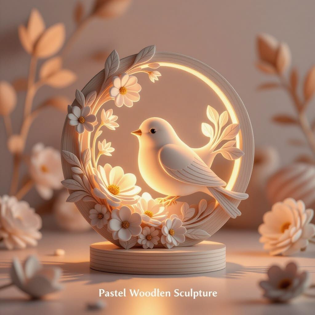 Pastel Wooden Sculpture with Bird and Flowers in Soft Light