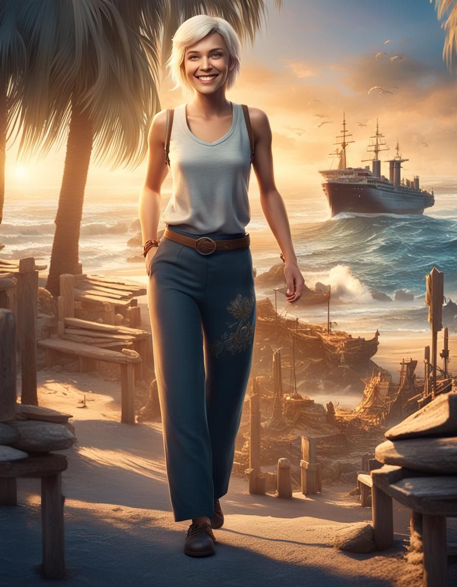 Blond Woman on Beach, Detailed Digital Painting