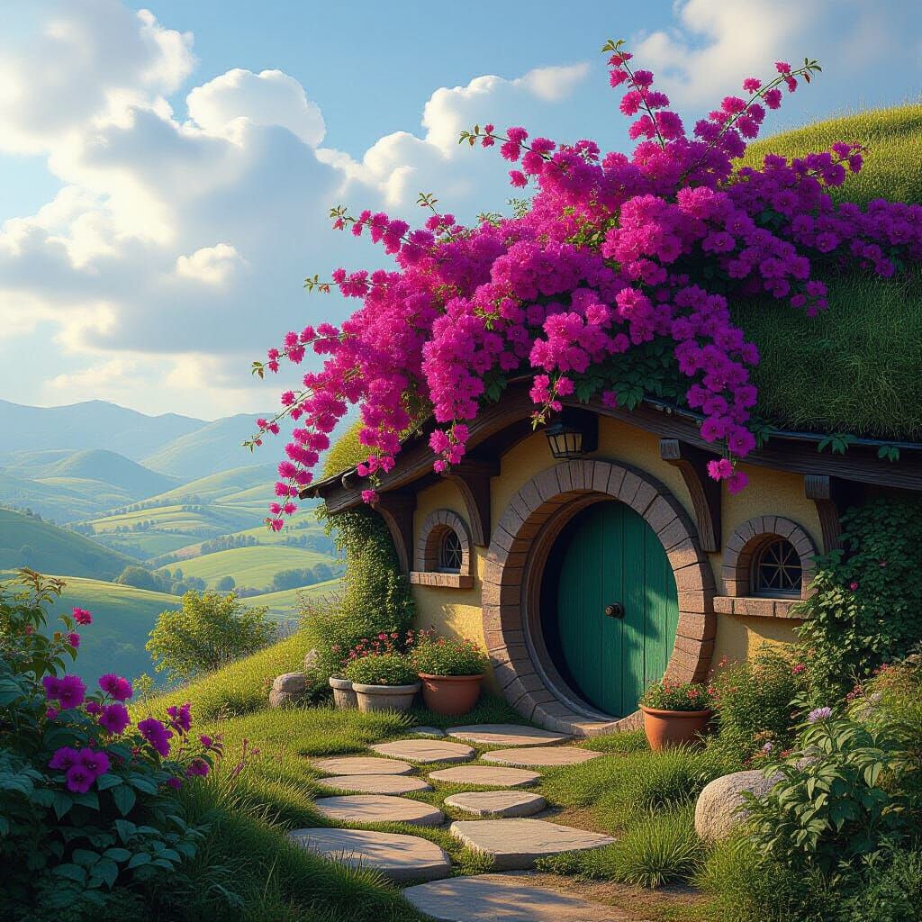 Purple Bougainvillea Covers Hobbit Hole Hillside