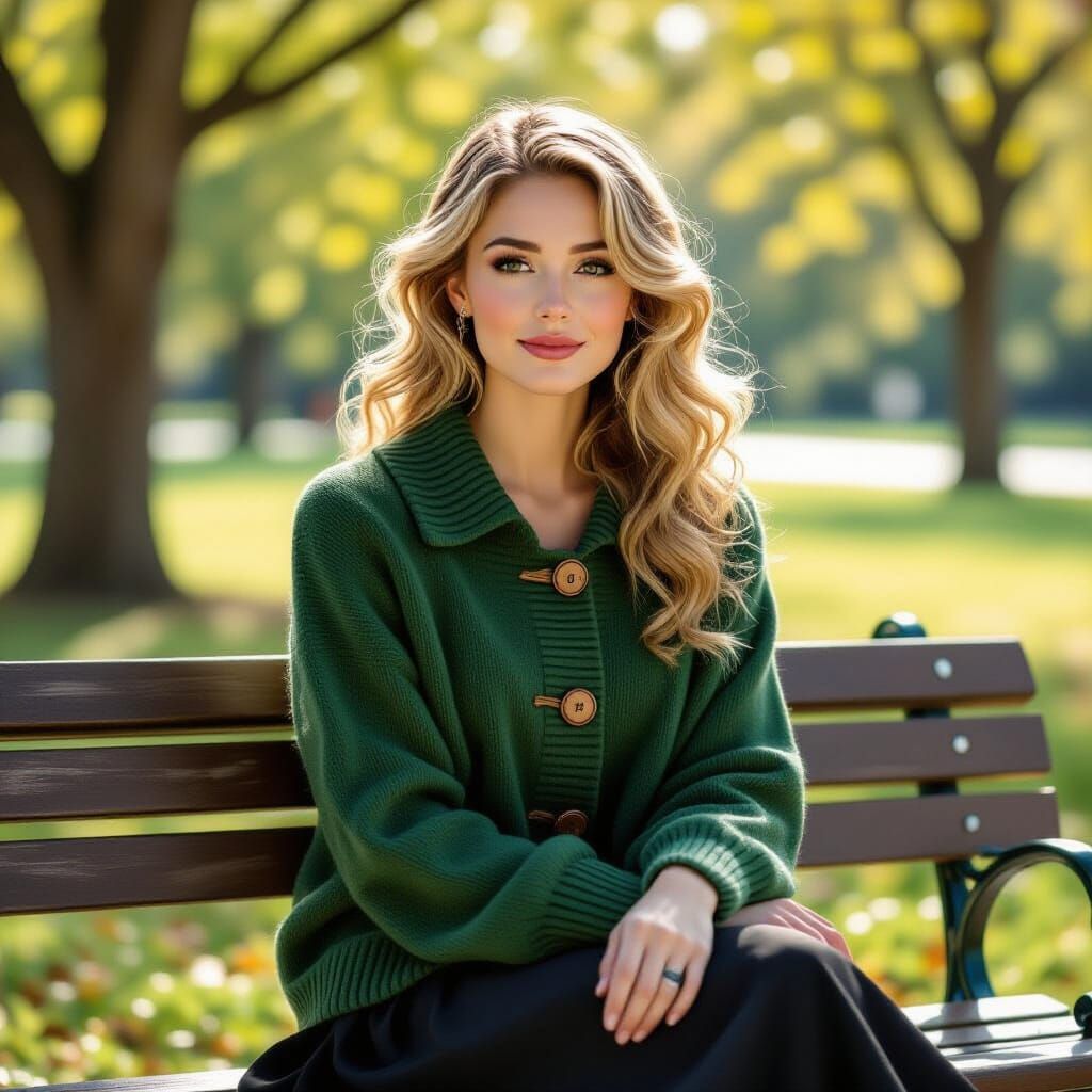 Romantic Woman in Green Cardigan on Park Bench