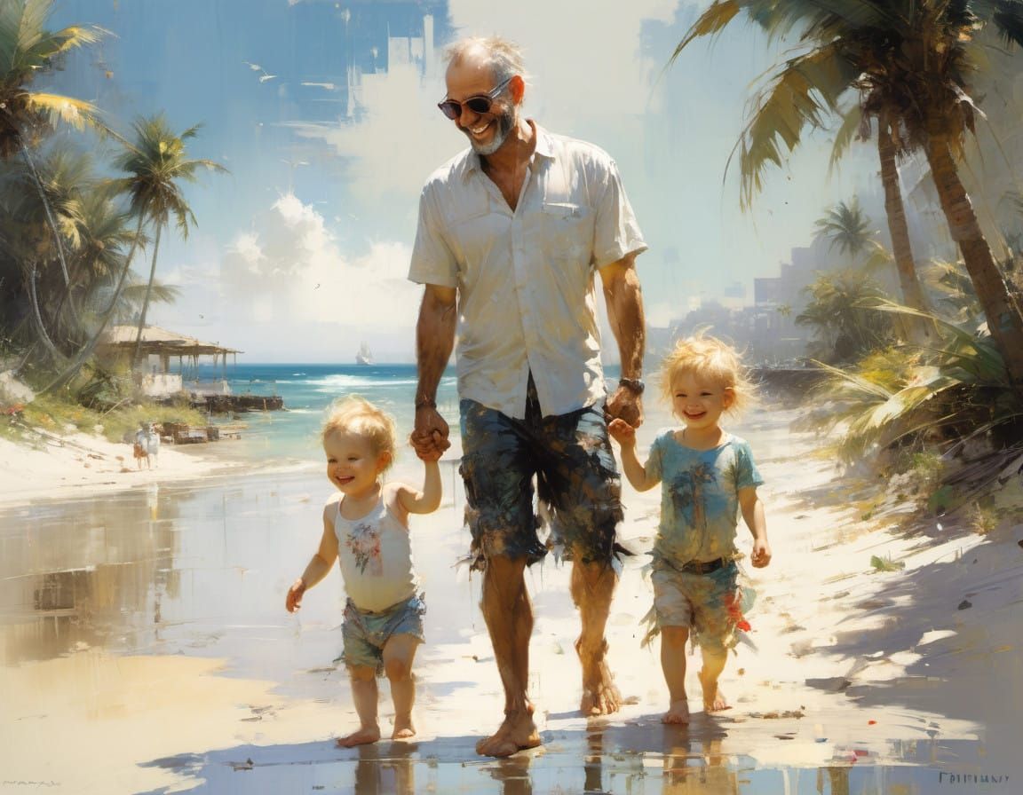 Father and Toddler Stroll on a Tropical Beach