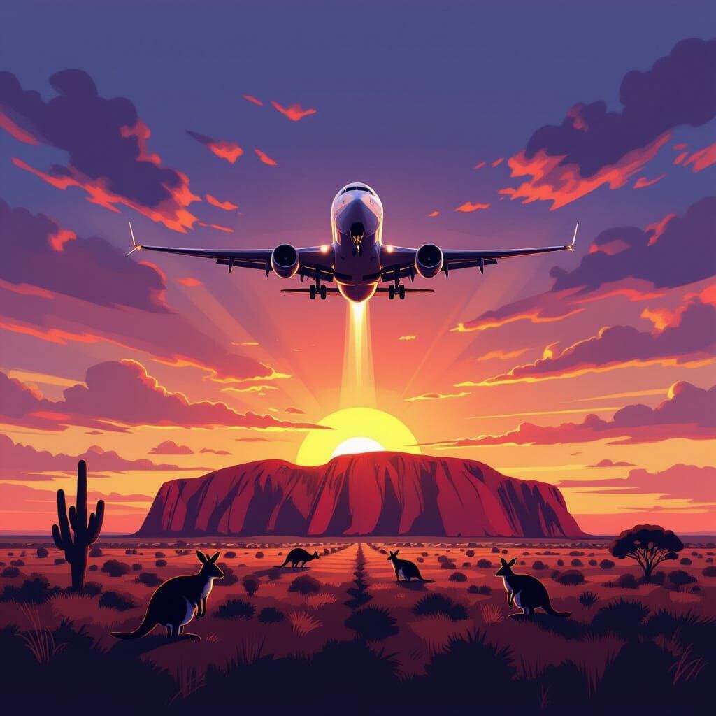 Airplane Flying to Australia at Sunset