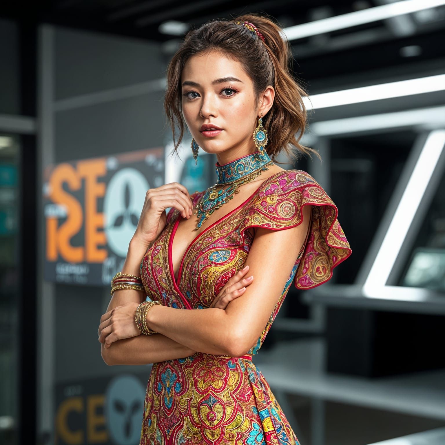 Glamorous Woman in Futuristic Attire with Intricate Details