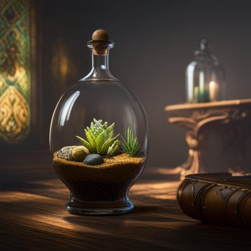 Ornate Glass Bottle Terrarium in Detailed Matte Painting