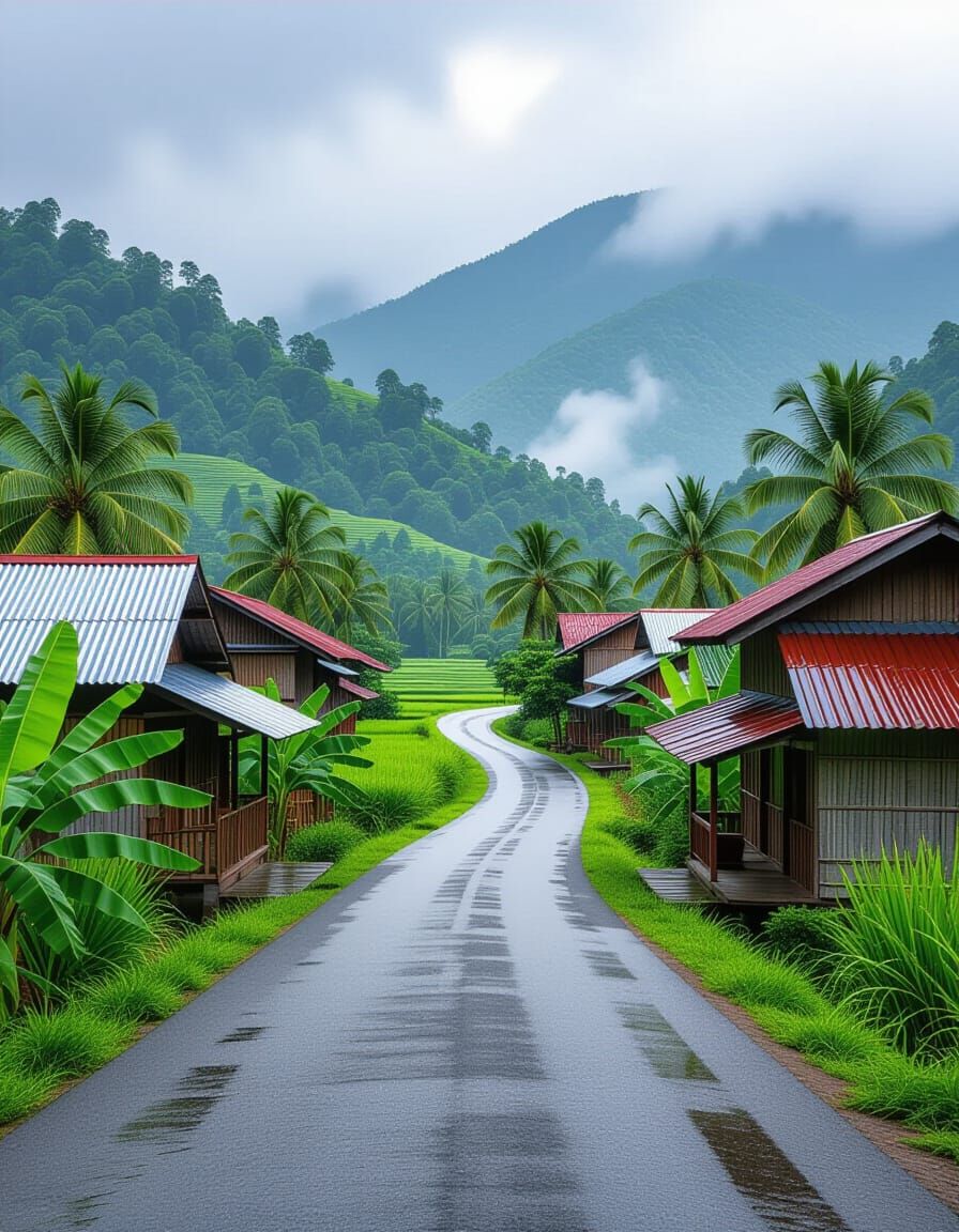 Tropical Village Road Amidst Lush Rice Fields