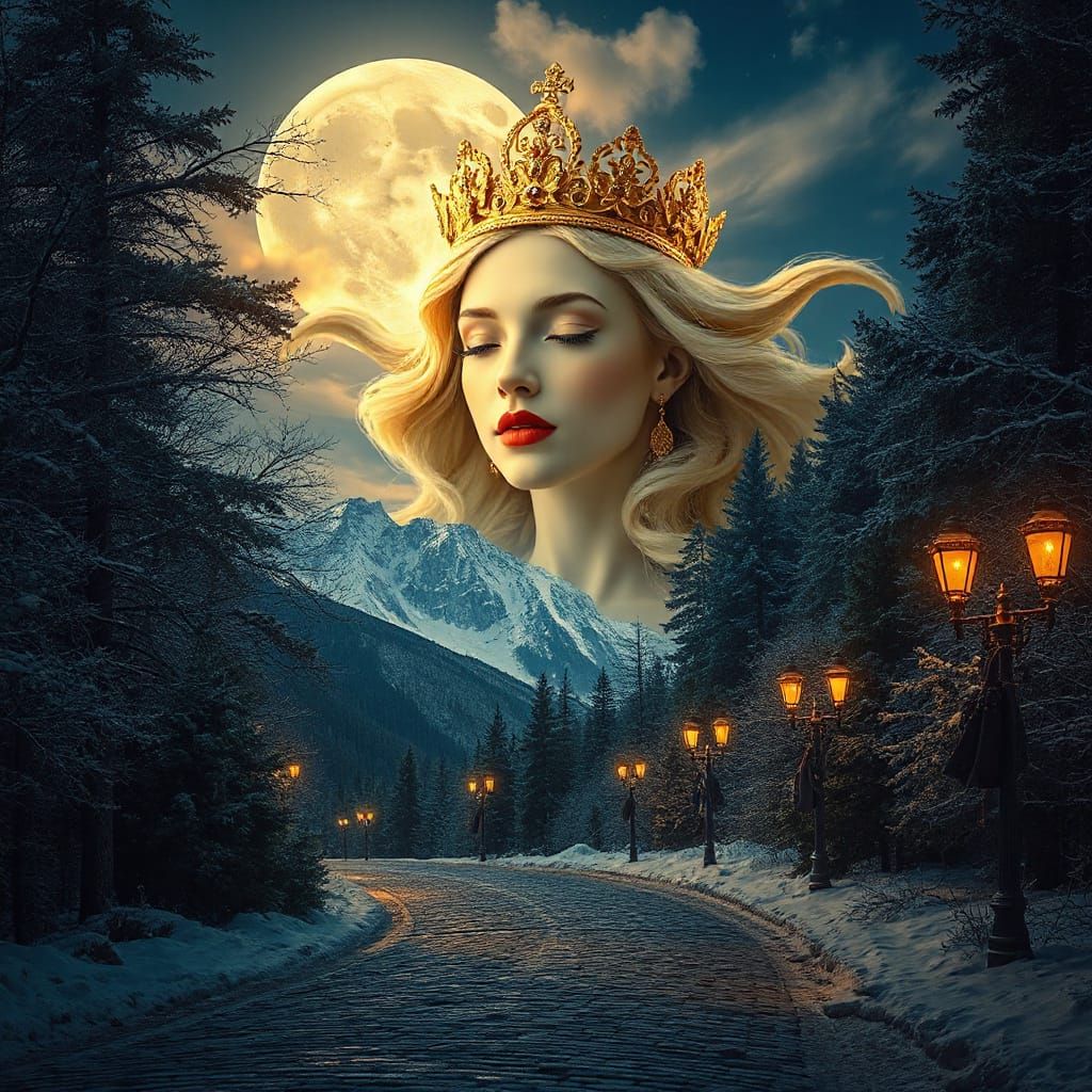 Ethereal Woman in Snowy Forest, Dreamy Art Style