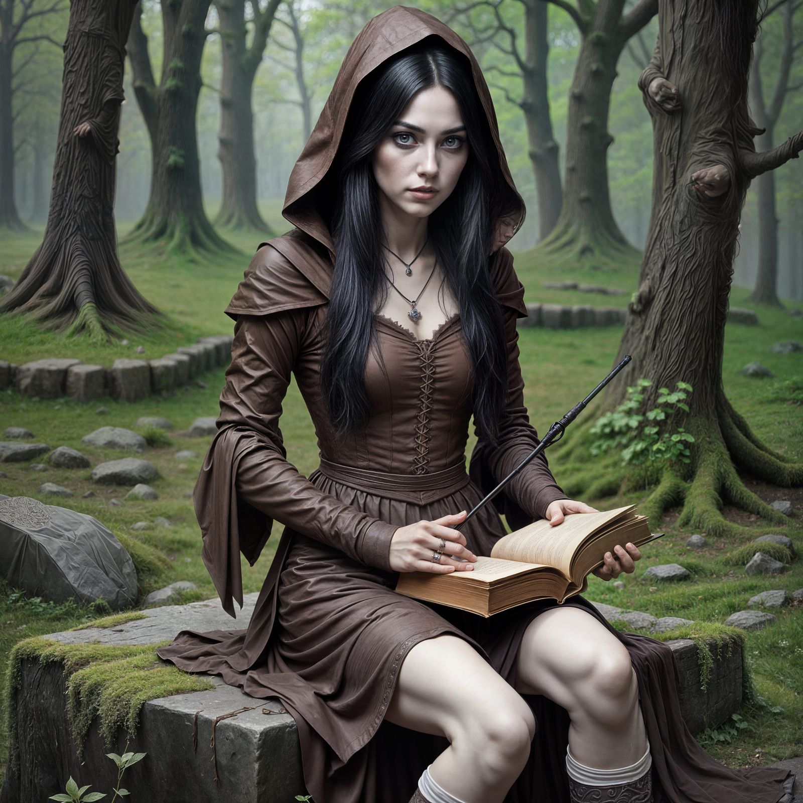 Mysterious Woman with Wand and Book Outdoors