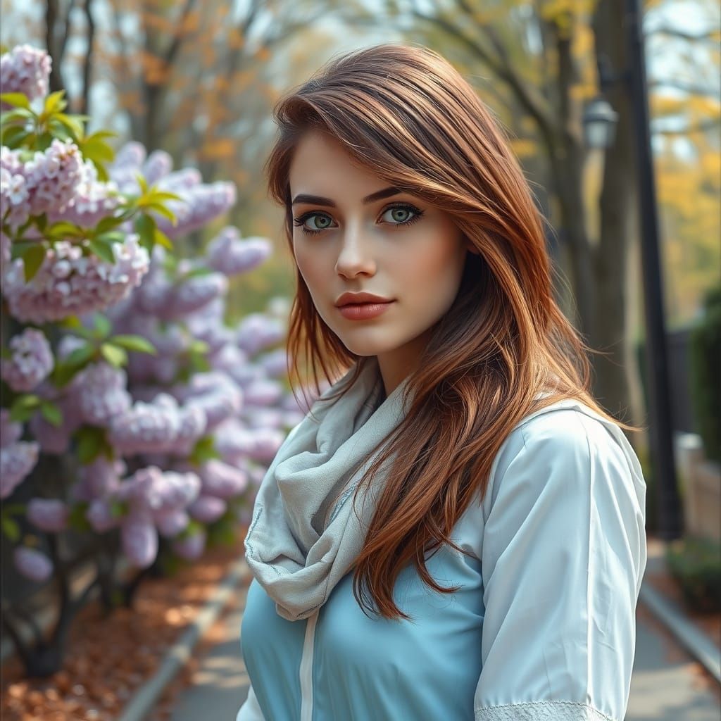 Confident Woman in Spring Alley, Hyper-Realistic Oil Paintin...