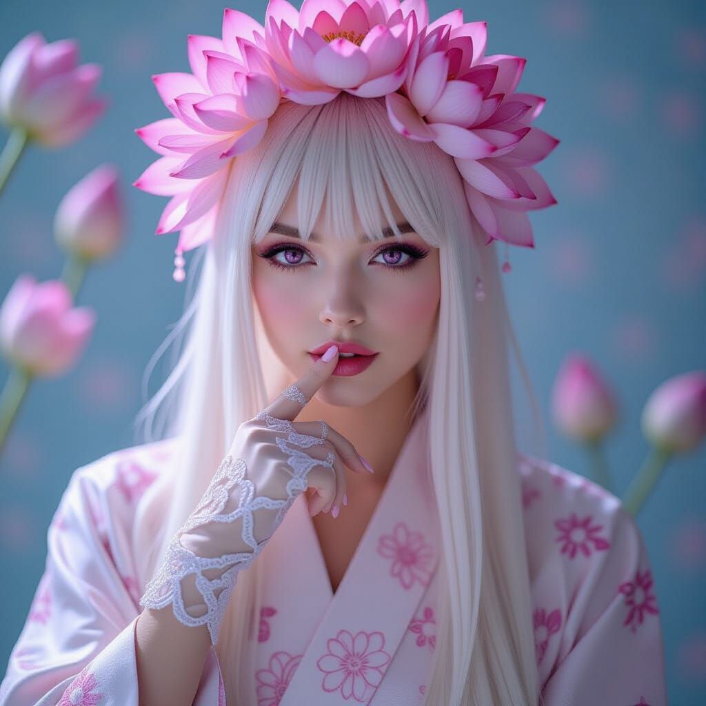 Ethereal Woman with Lotus Crown in Pastel Atmosphere