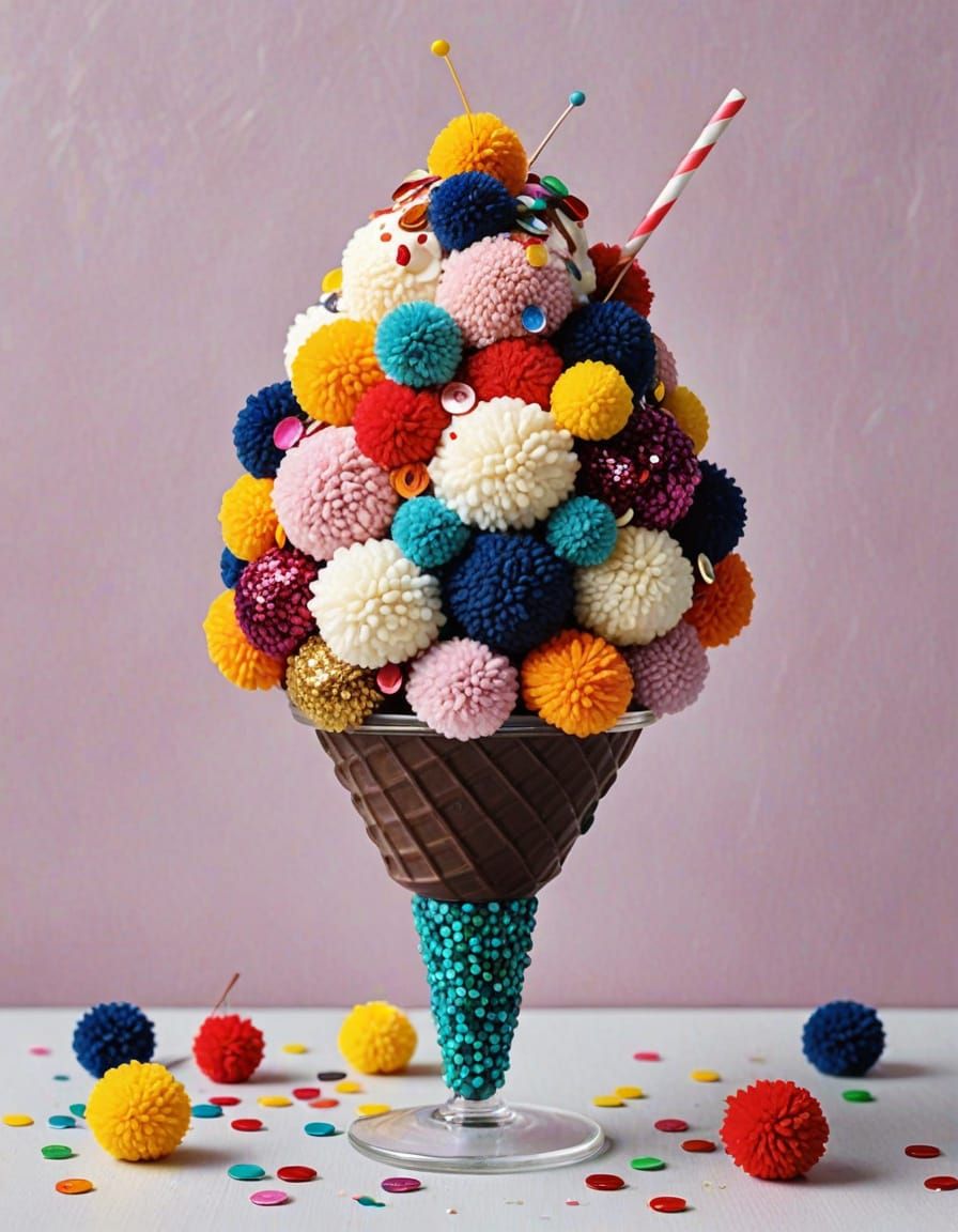 Ice cream sundae made from pompoms and sequins