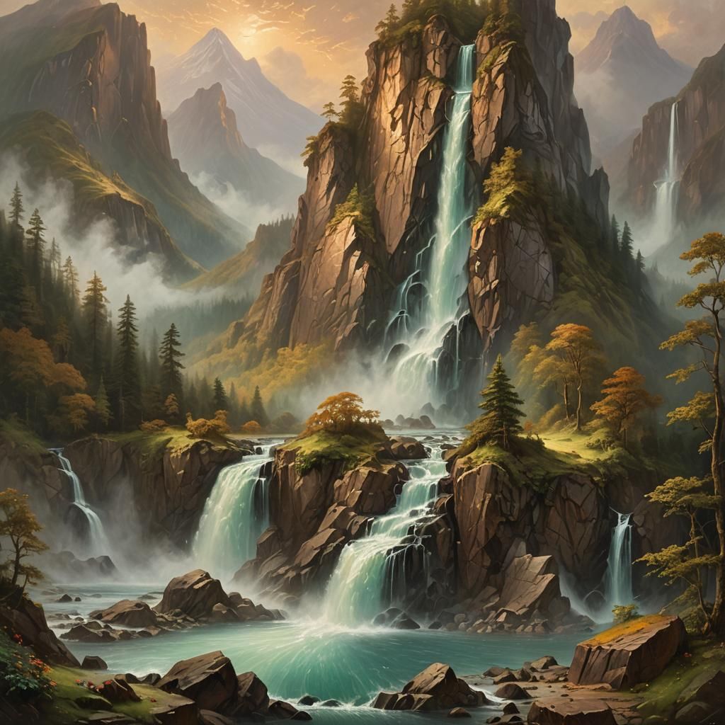 Bronze Mountain Waterfall in Oil Painting Style