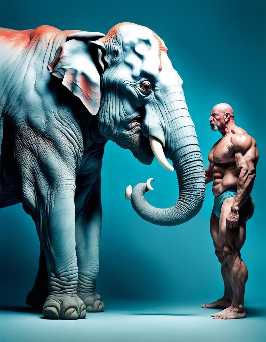 Bodybuilder and Elephant Sumo Fight in Hyperreal Style