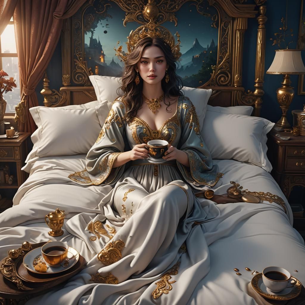 Woman in Bed with Coffee: Detailed Fantasy Art