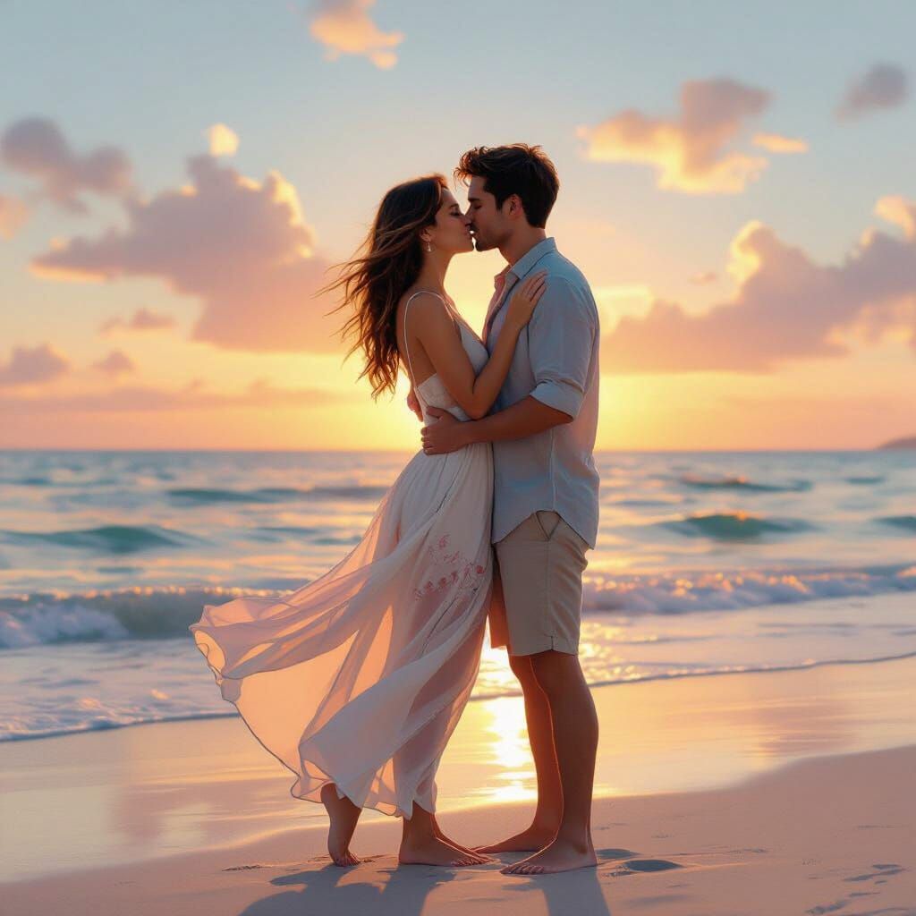 Romantic Beach Sunset Kiss in Ethereal Style