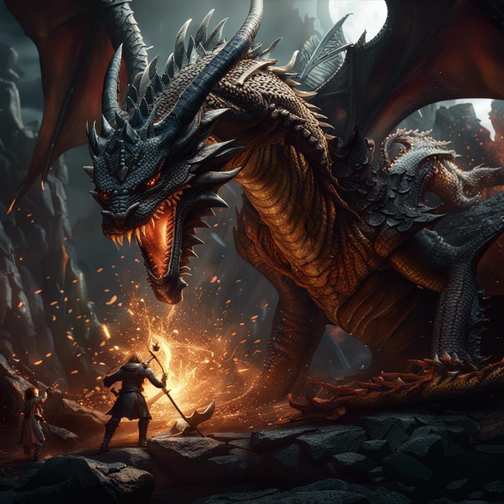 Epic Dragon Fight Scene in Dark Fantasy Style