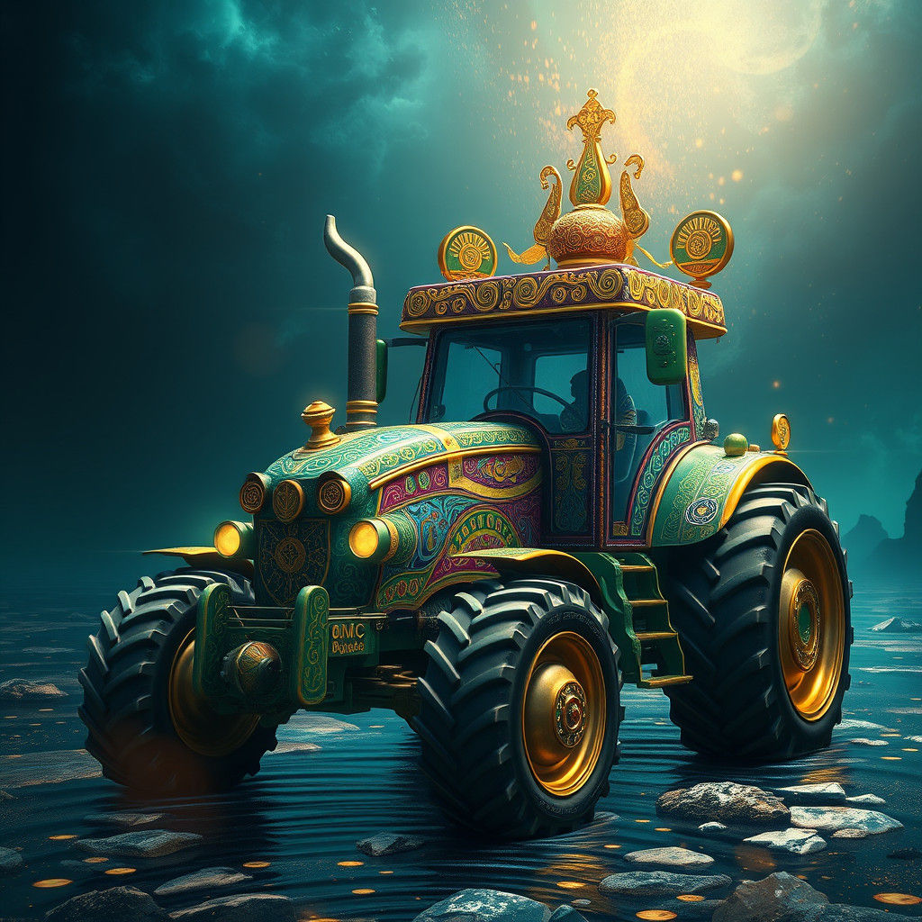 Ornate Tractor with Mystical Symbols in Digital Art Style