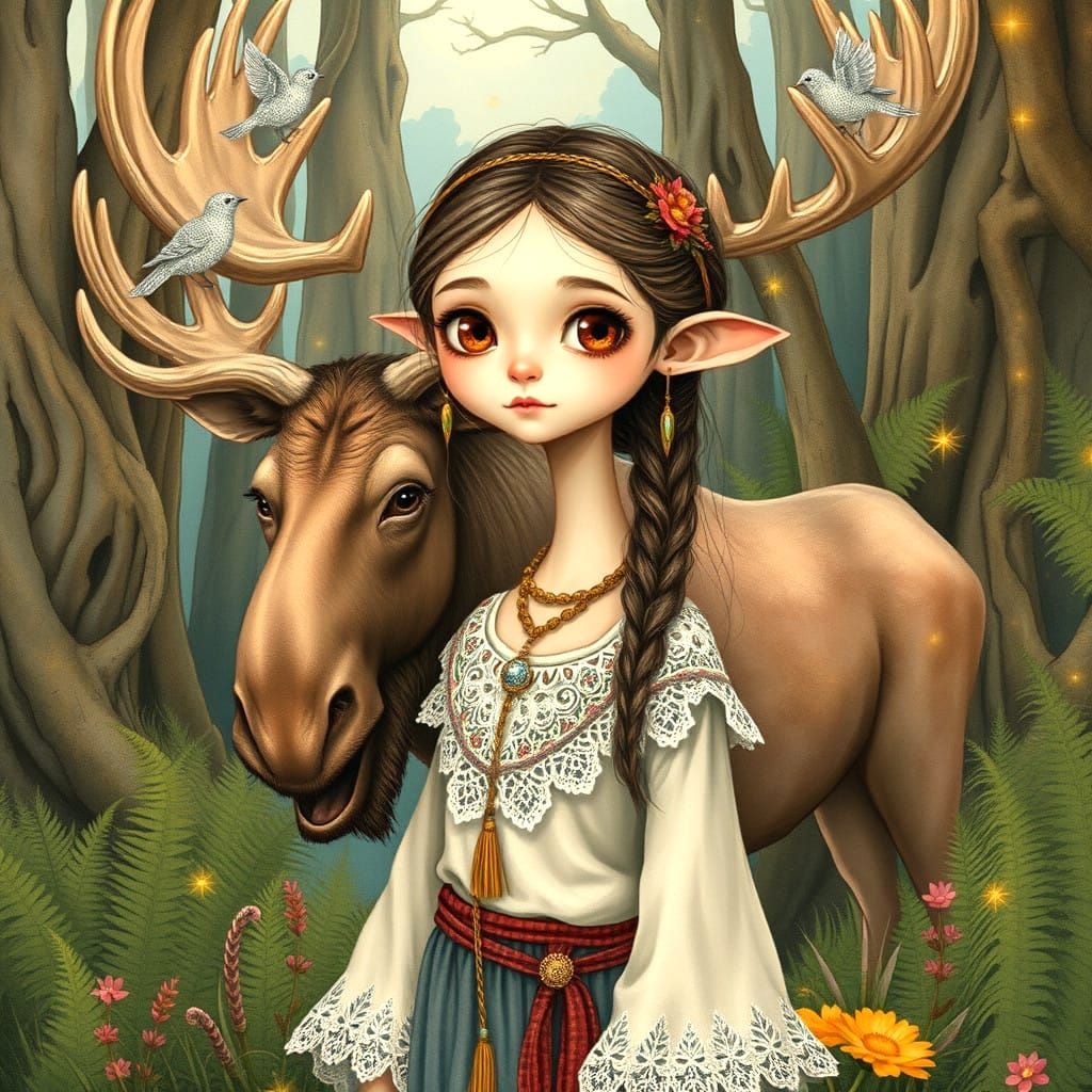 Mystical Girl with Majestic Moose in Enchanted Forest