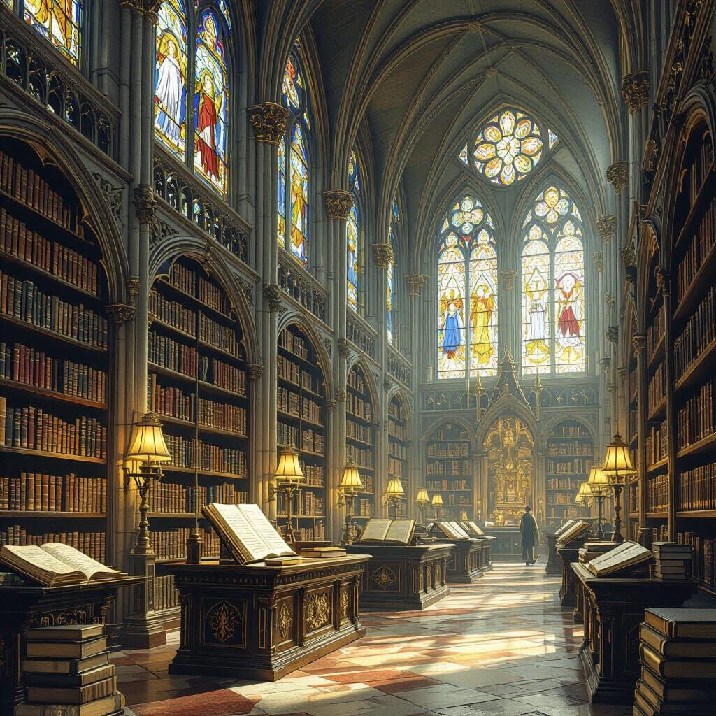 Gothic Cathedral Library with Stained Glass Windows