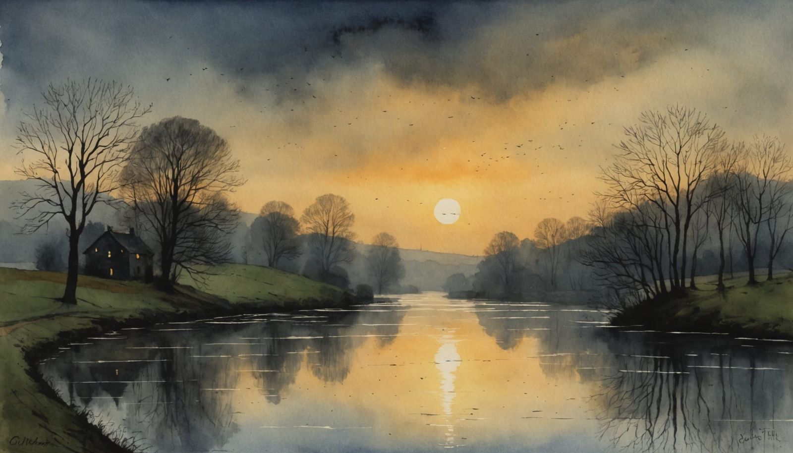 Misty River Twilight in Watercolor Style
