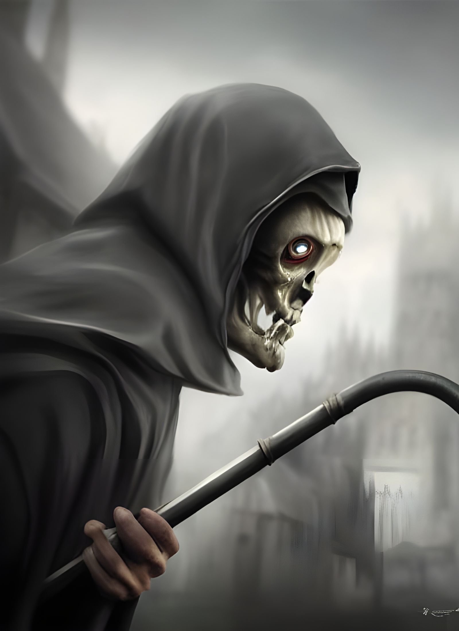 Hyper-Realistic Grim Reaper in Medieval City
