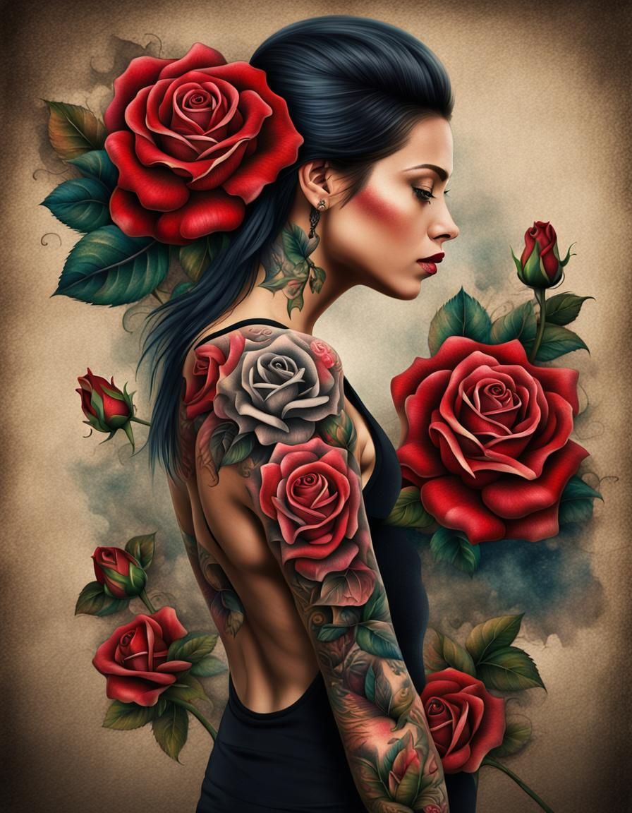 Woman Adorned with Hyperrealistic Rose Tattoo