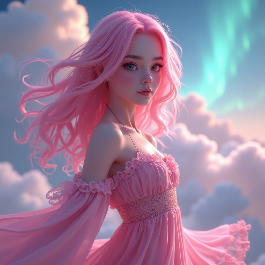 Teen in Pink Attire Against Aurora Sky, Matte Painting