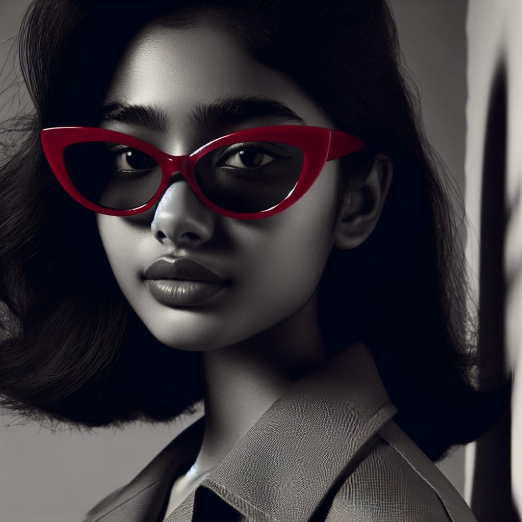 South Asian Woman in Film Noir with Crimson Sunglasses