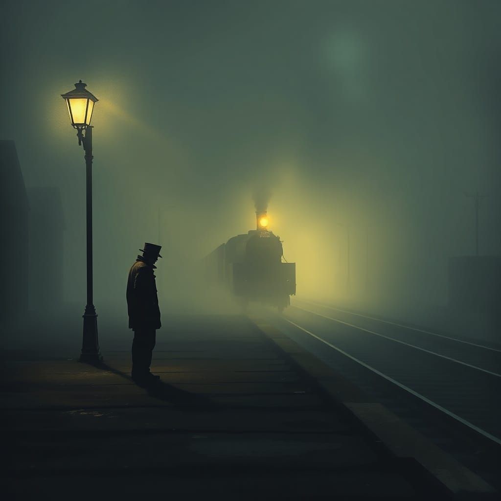Melancholy Train Platform Scene in Moody Oil Painting Style
