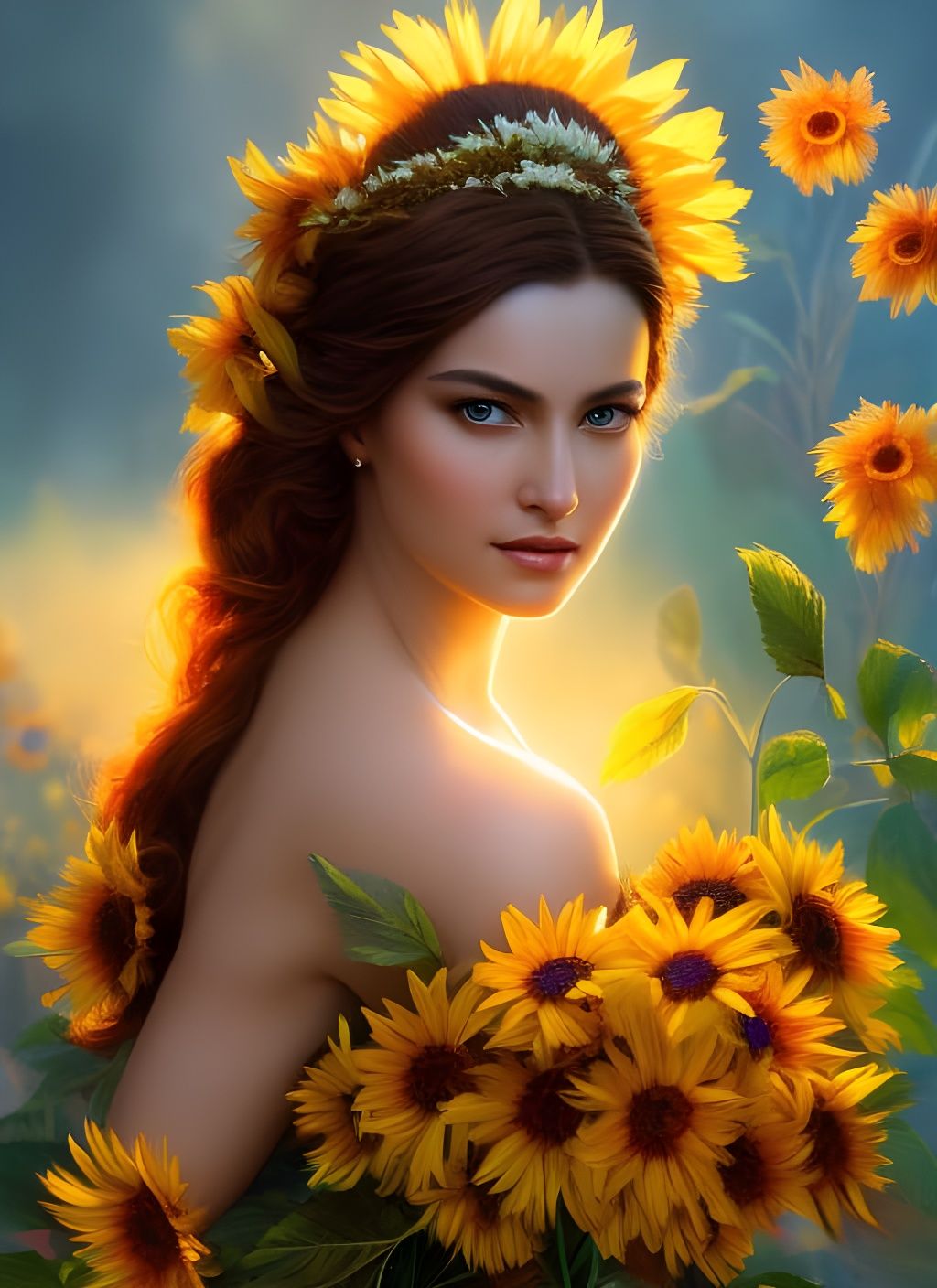 Radiant Sunflower Goddess at Magic Hour