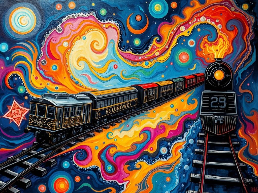 Cosmic Dreamscapes: Ancient Trains Unfold in Vibrant Ethersc...