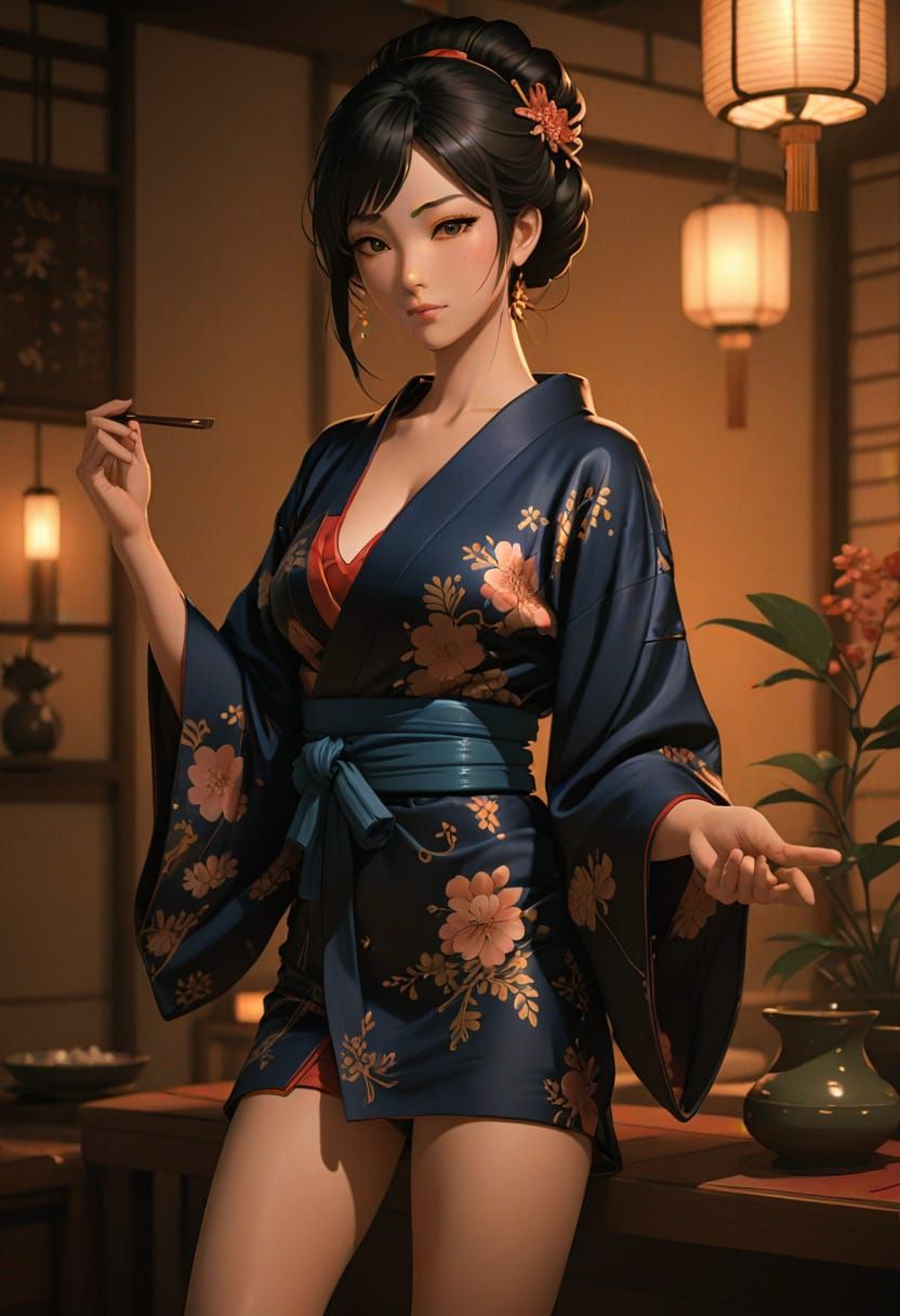 Beautiful Woman Relaxing at Home in Anime Style