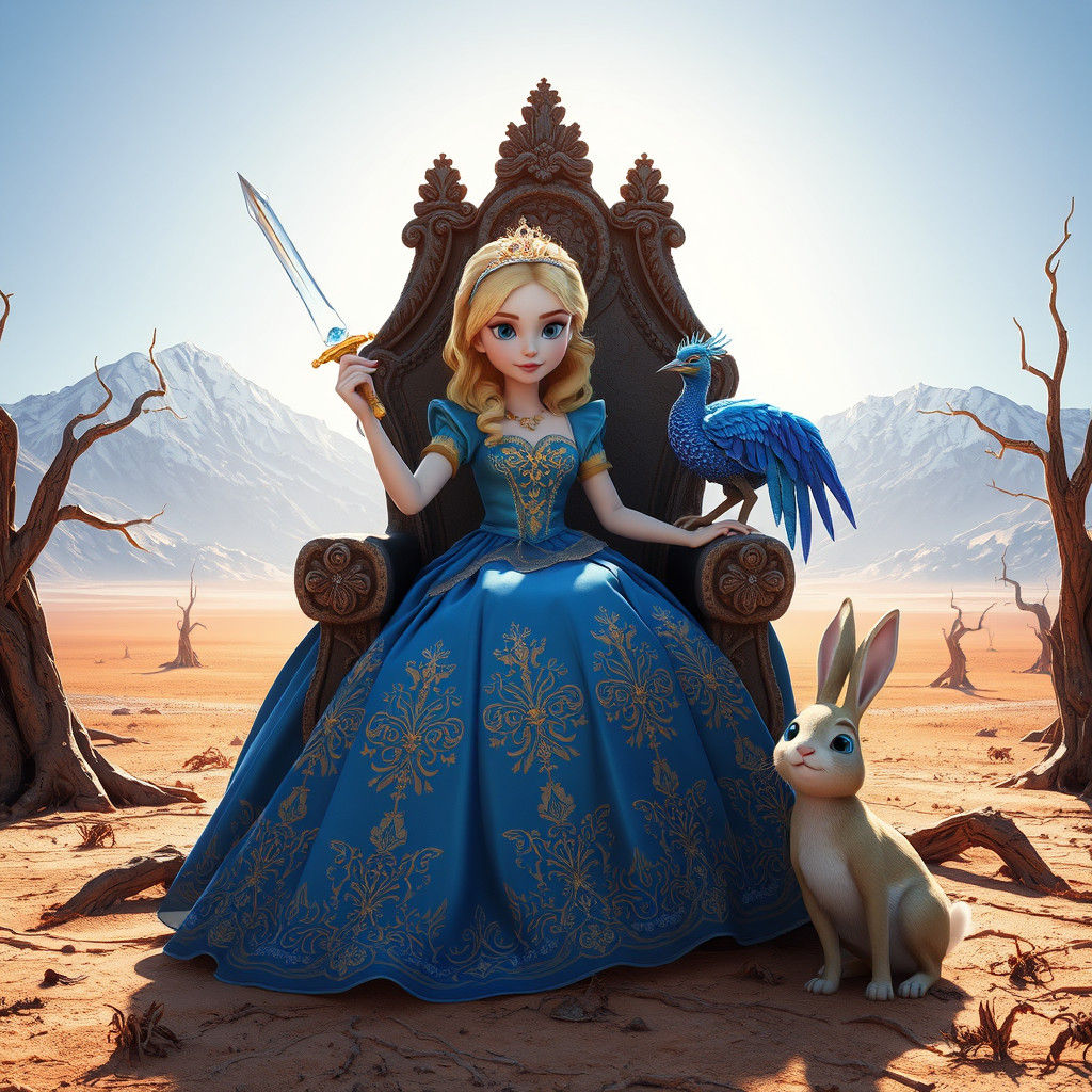 Alice on a Throne in Barren Landscape