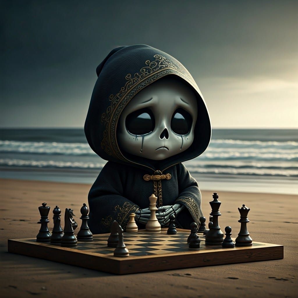 Adorable Death Plays Chess on a Windswept Beach