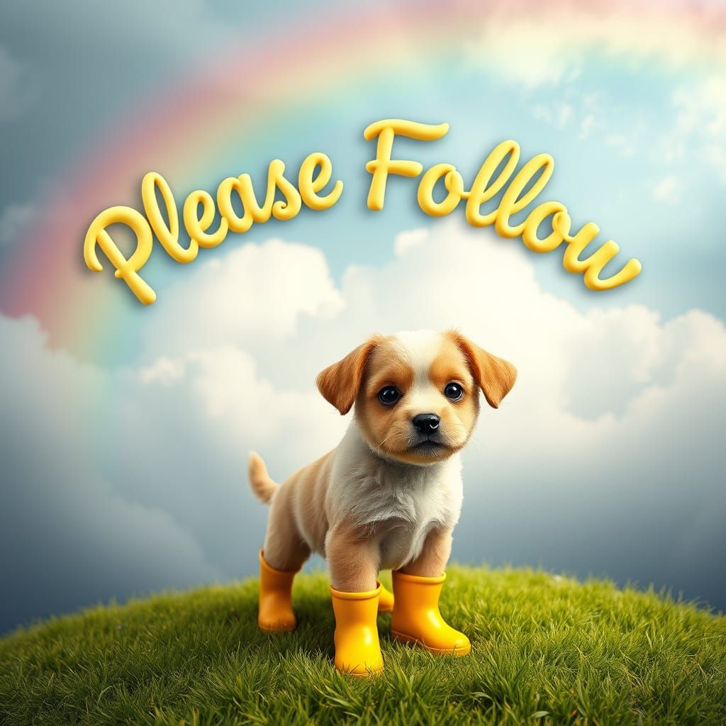 Puppy in Rain Boots Under Rainbow with Floating Text