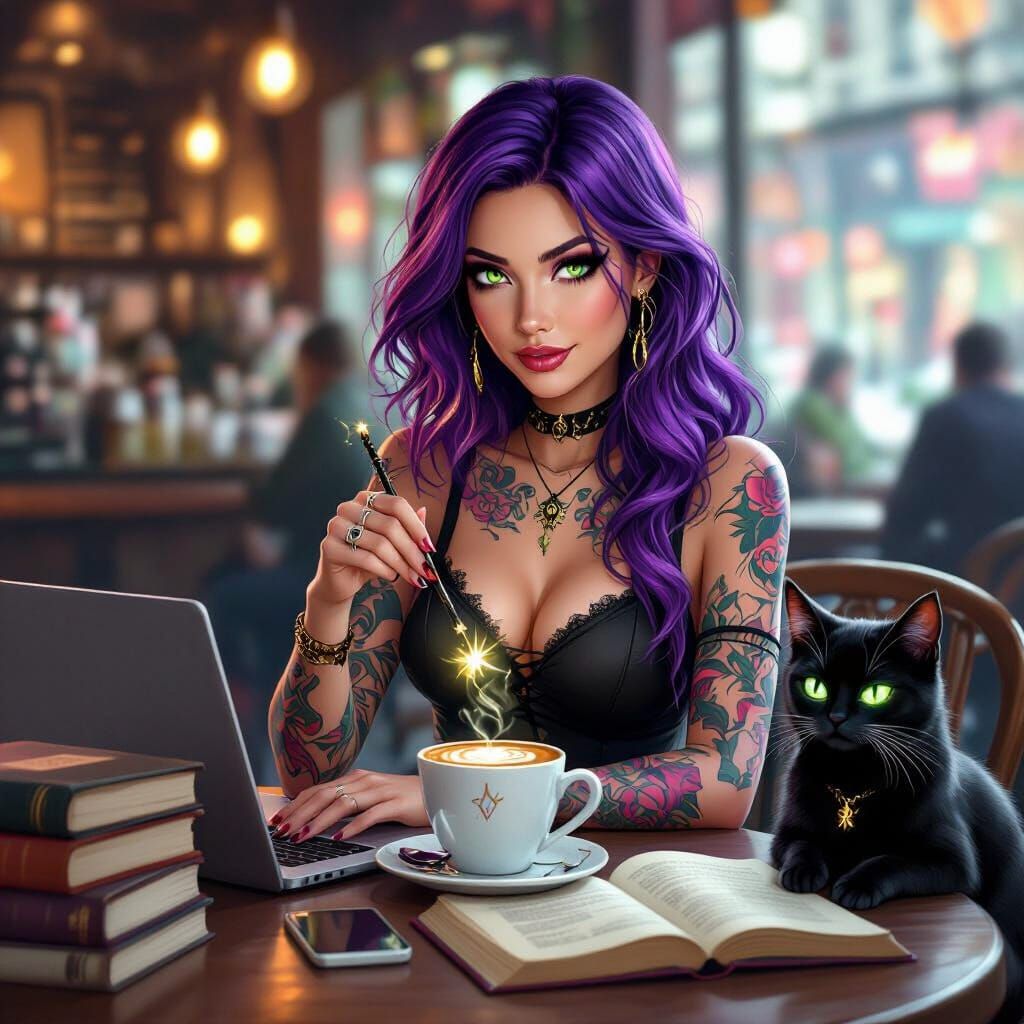 Modern Witch with Purple Hair in City Cafe