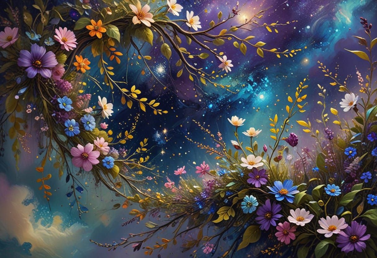 A Milky Way made of flowers and vines, with (vibrant and glowing) colors. The oil painting.