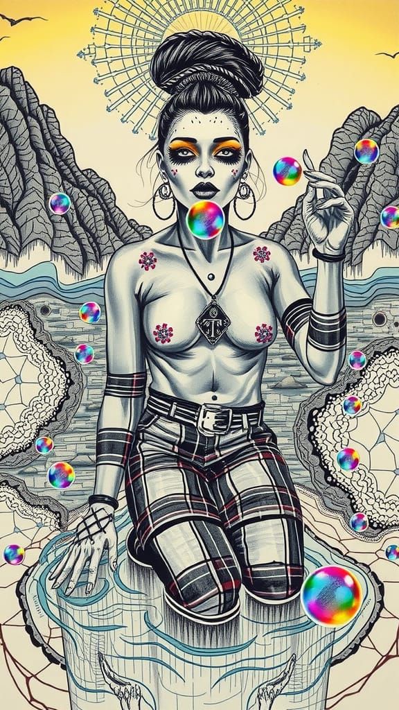 lone plaid-clad goth punk woman stands knee-deep in crystal-clear river, blowing iridescent bubbles into twilight sky, a...