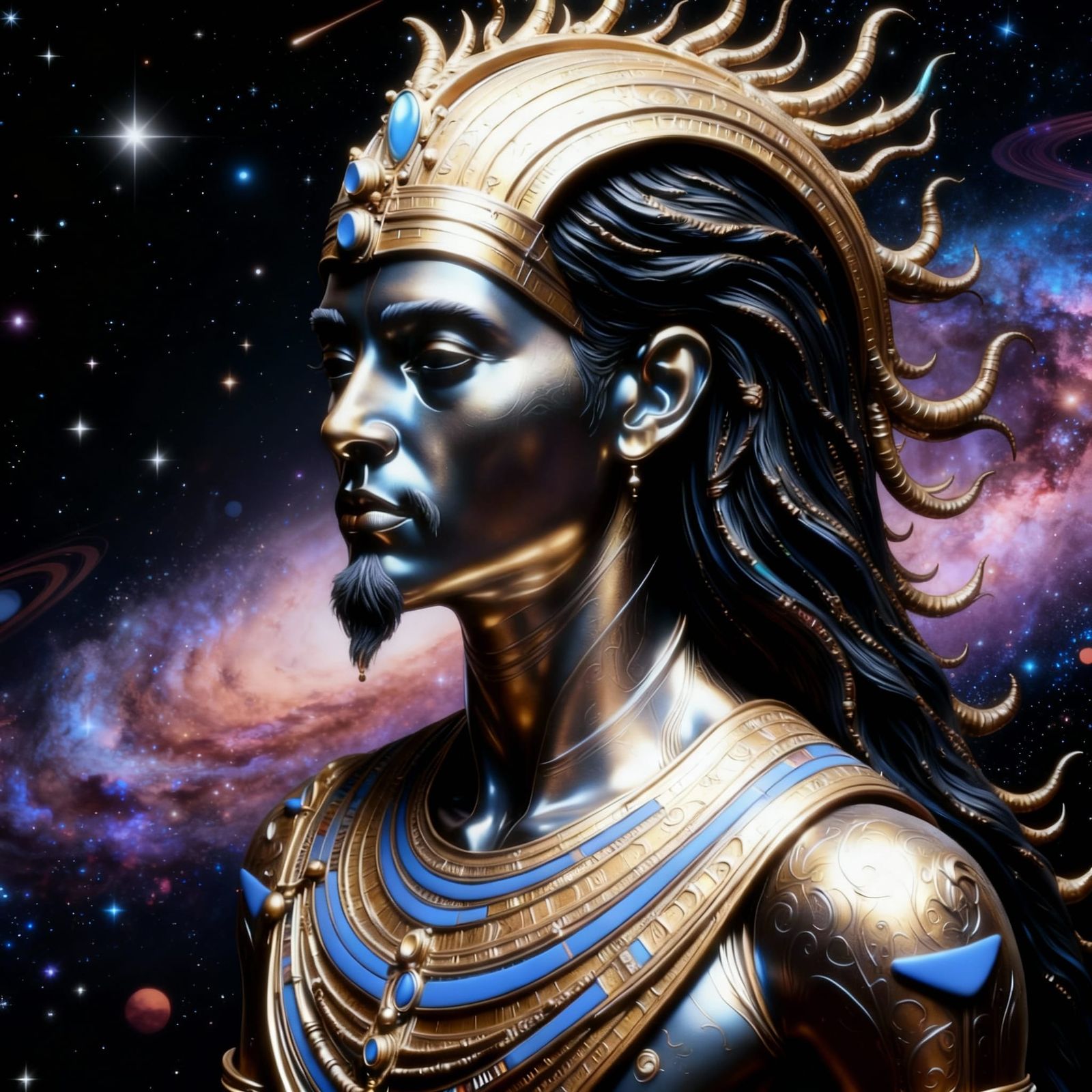 Osiris, Egyptian Deity Portrait in Burnished Gold and Ink