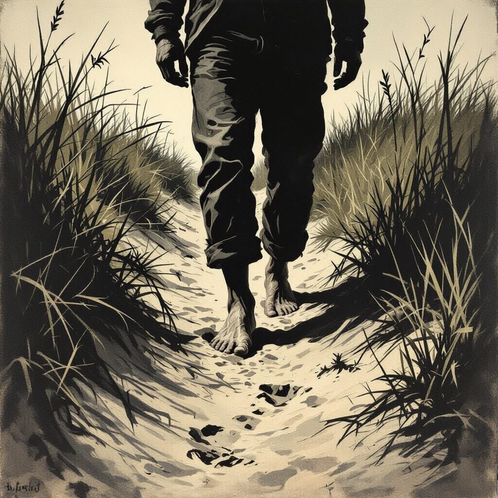 Man's Feet Sink into Thorny Path Conveying Exhaustion