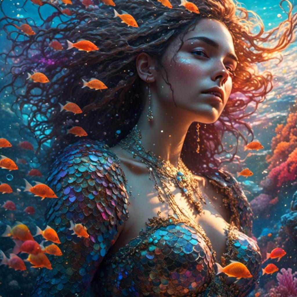Beautiful Mermaid on Coral Reef in Hyperrealism