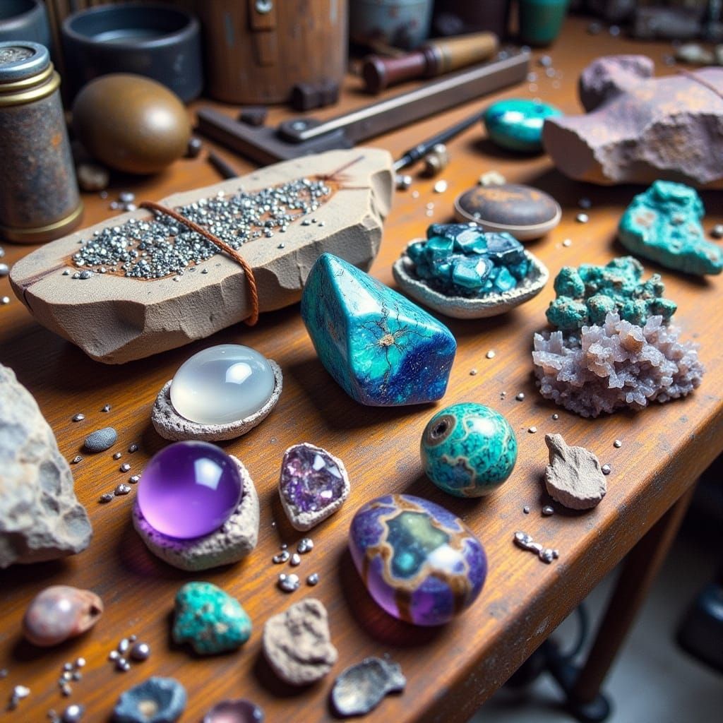 Sapphire, Amethyst, and Quartzite on a Workbench