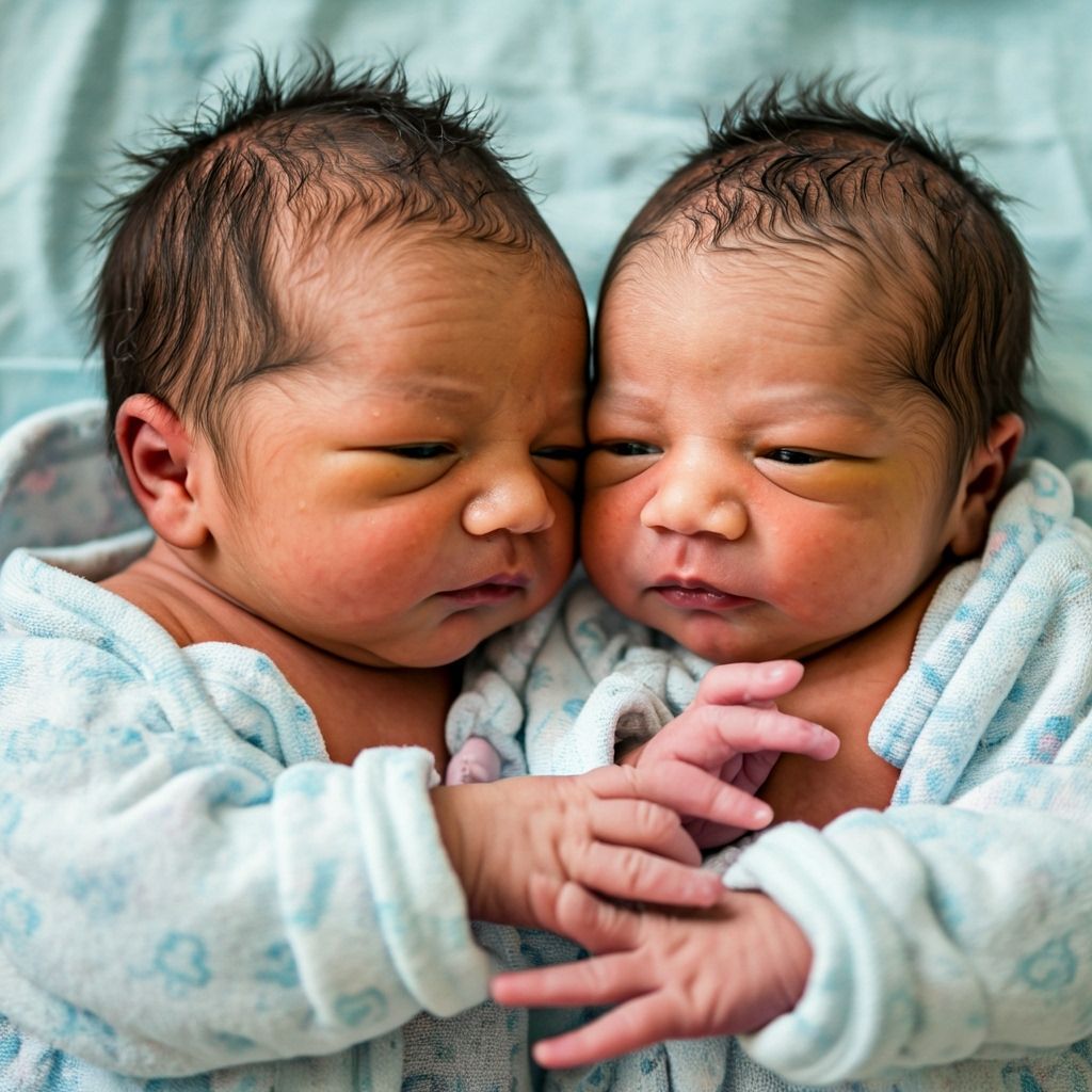 Newborn Twins with Brown Hair in Hospital
