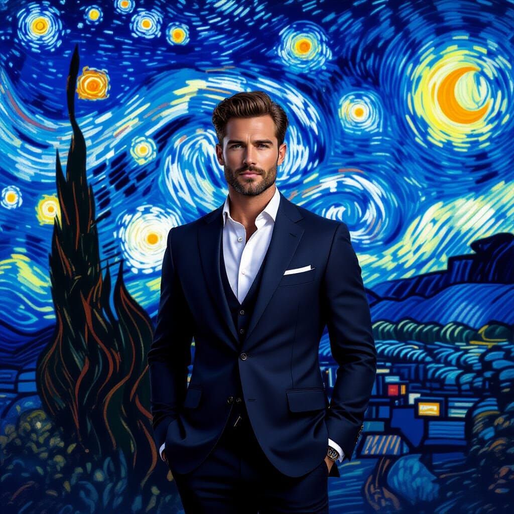 Man in Suit Under Starry Sky, Van Gogh & Frazetta Inspired