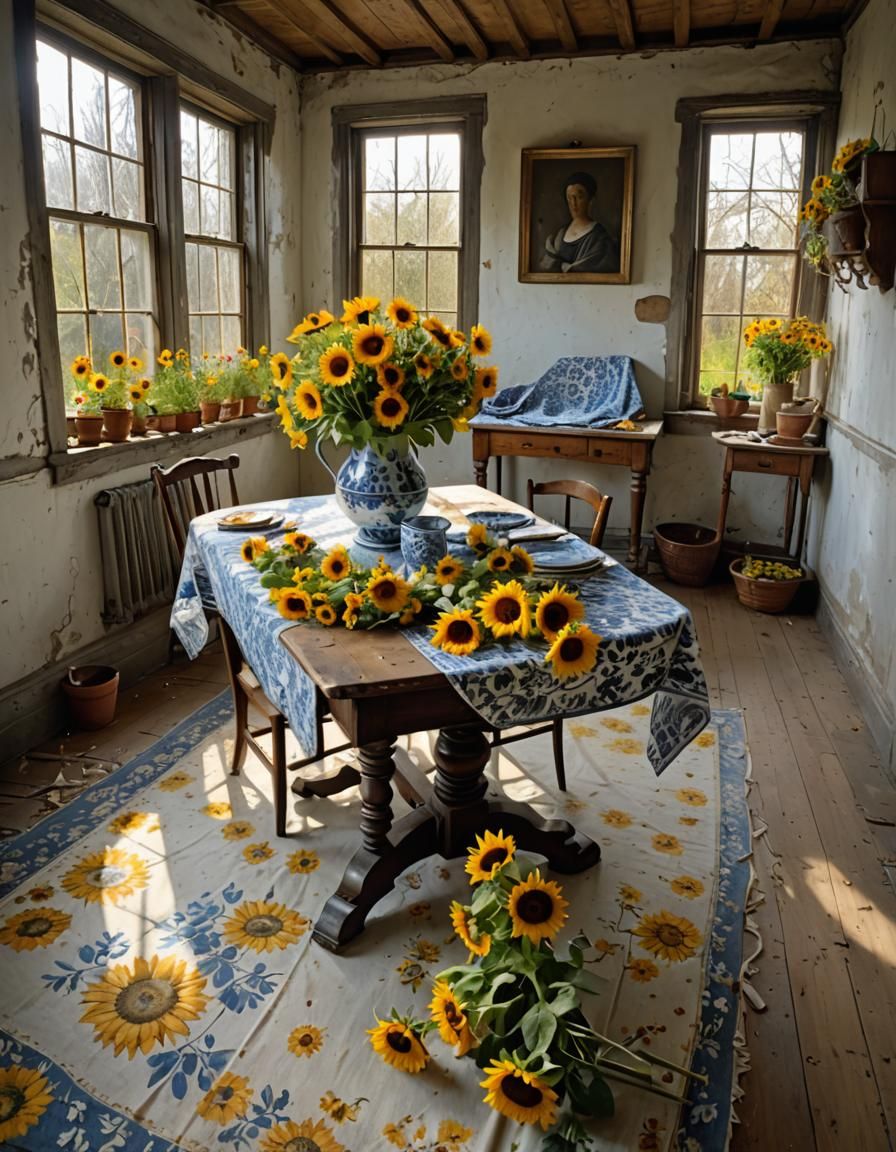 Flowers on Table in God Rays, Pollock-Vermeer Style