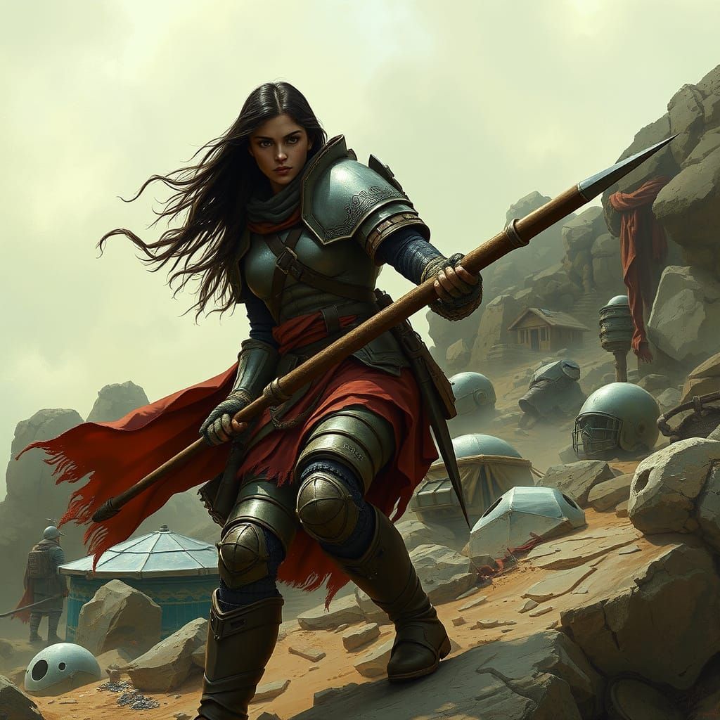 Amazon Warrior in Armor on Rocky Terrain