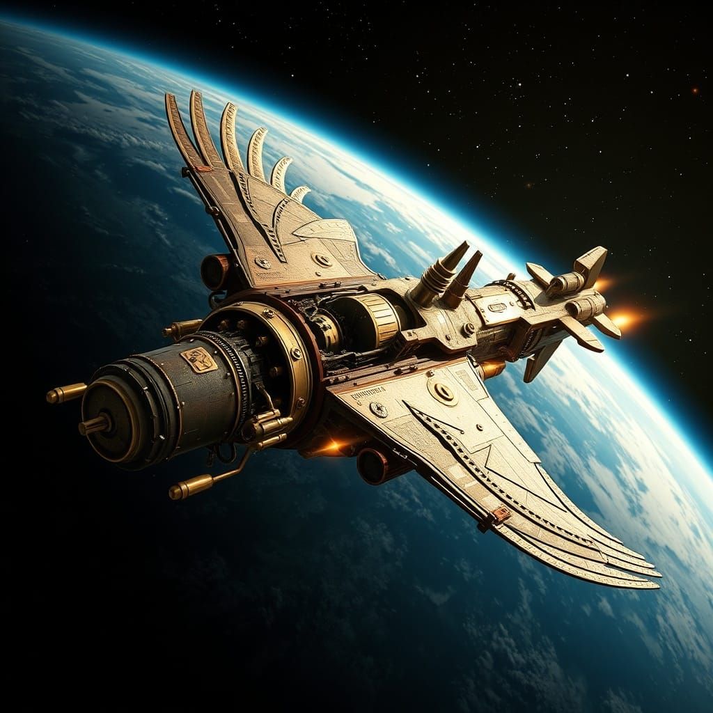 Steampunk Hawk Spaceship Orbits Earth in Cinematic Style