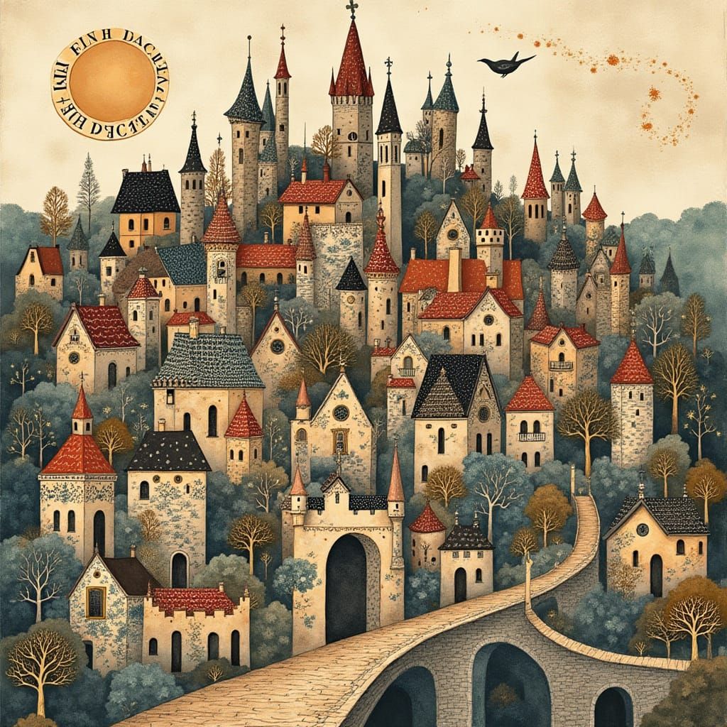 Folk Art Medieval Cityscape in Watercolor