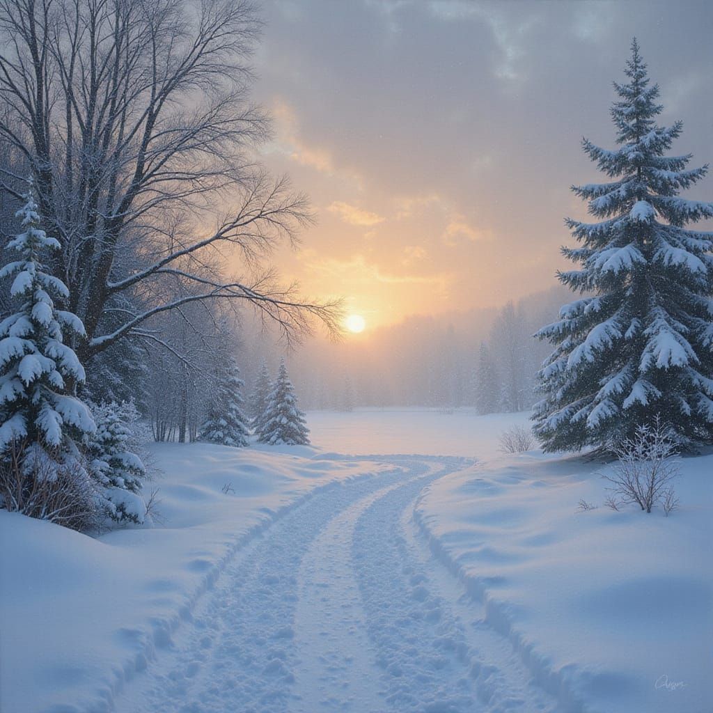 Snowy Winter Sunrise Landscape in Oil Painting Style