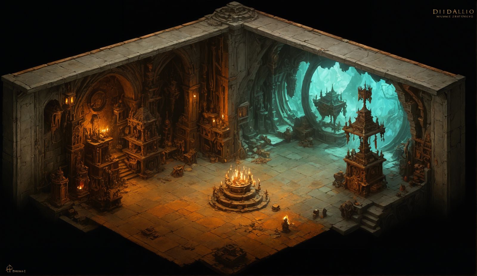 Isometric Dark Fantasy Room in Diablo 2 Style
